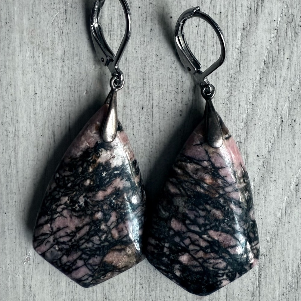 RHODONITE EARRINGS/Pink And Black Earrings/Pink Black Stone Jewelry